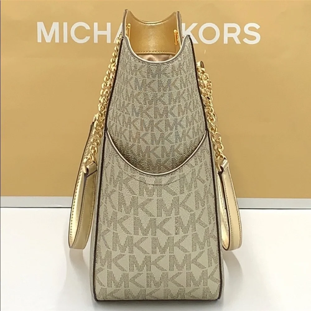 MICHAEL KORS LG  X CHAIN SHOULDER TOTE & Lg Double Zip Wallet PALE GOLD SIGNTR - Picture 7 of 12